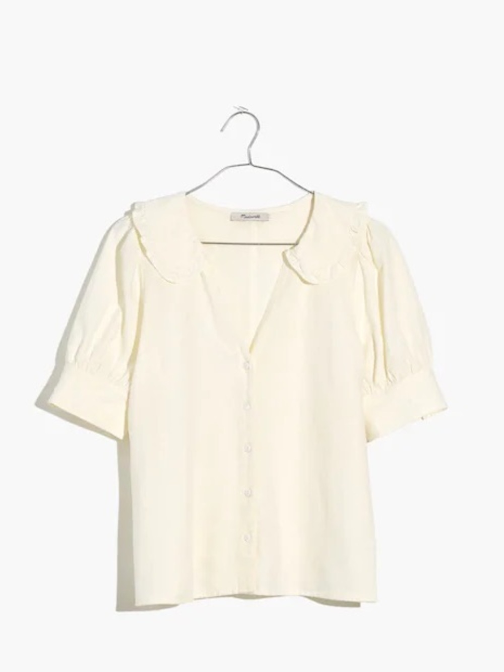 Madewell Cream Short-Sleeve Button Front Blouse with Ruffle Collar